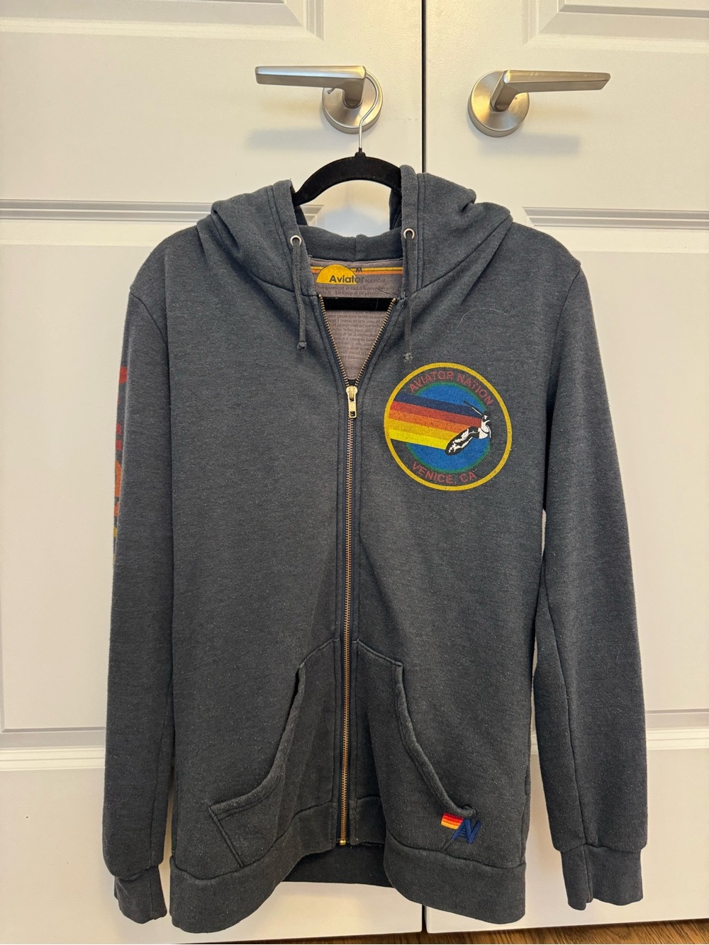 Aviator Nation Charcoal Zip Hoodie with rainbow patch